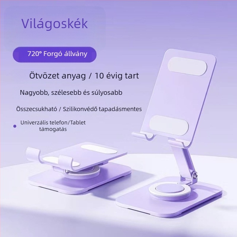 Asztali telefon-tartó, teljesen fém, 360° forgás, összecsukható, univerzális, rezgéscsillapító