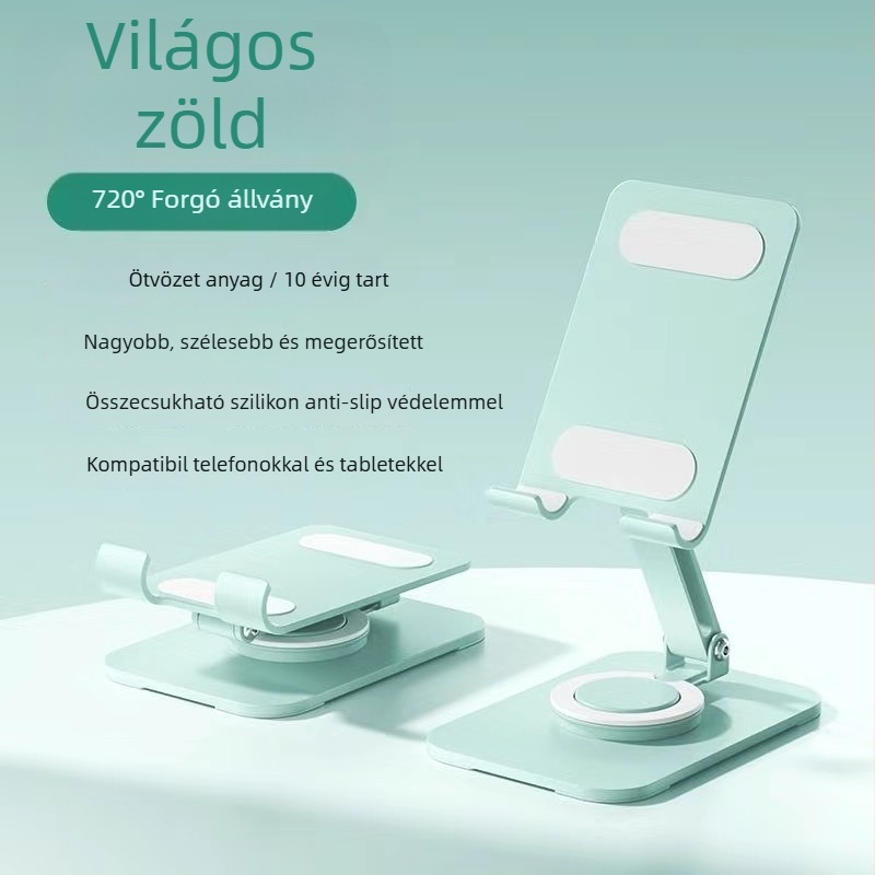Asztali telefon-tartó, teljesen fém, 360° forgás, összecsukható, univerzális, rezgéscsillapító