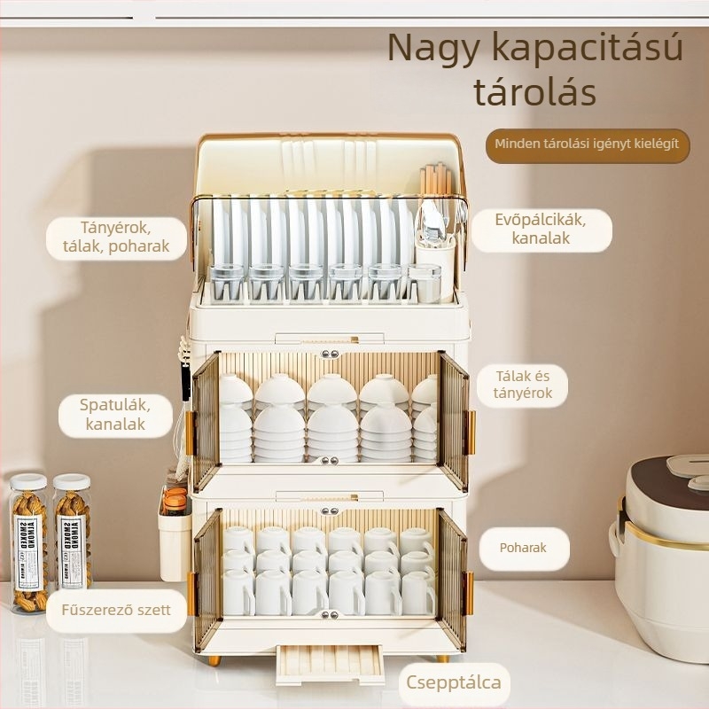 Nagy kapacitású konyhai edény- és evőeszköztároló szekrény fedővel, tág kapacitás, tálak és evőeszközök számára, lefolyó polc a pulton, PP anyag, modern minimalista dizájn