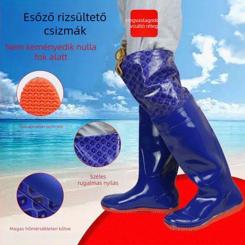 Térd fölötti PVC esőcsizma elasztikus fűzőkkel, magas szárú, rizsföldekhez, ősz–tél
