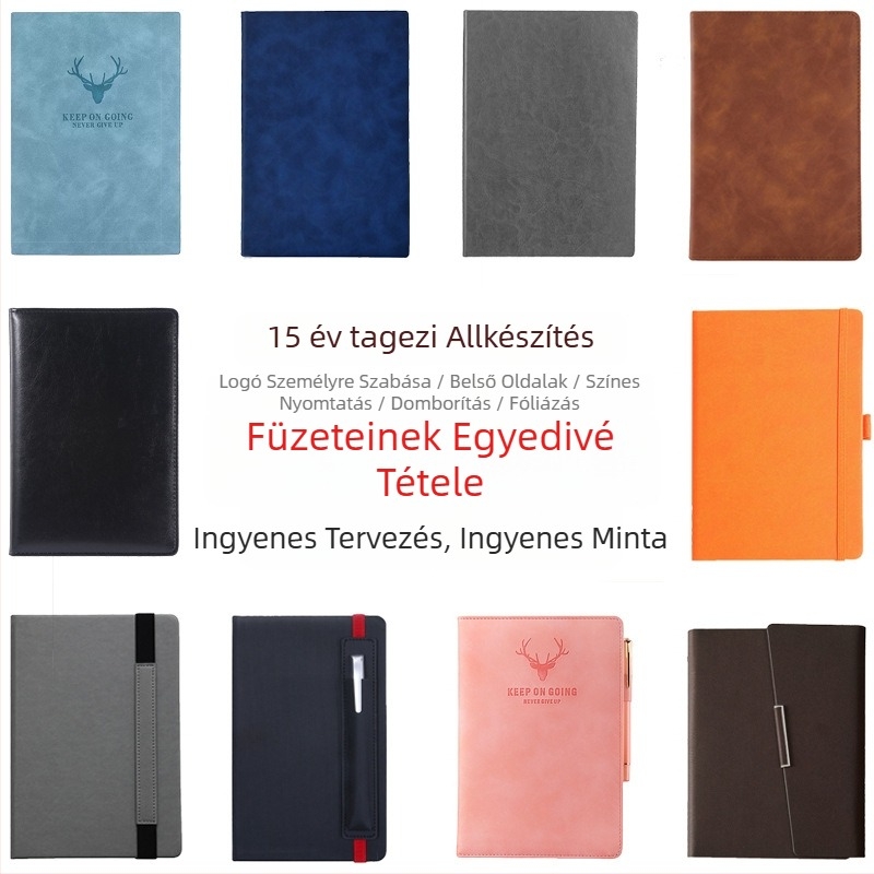 Üzleti jegyzetfüzet imitált bőrtokkal, kötés ragasztott varrással záródó, Dowling papír 80 g/m², 200–300 oldal, egyedi logó