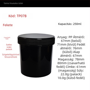 PP műanyag porüveg széles nyílású, csavaros kupakkal, öntapadós címkékkel