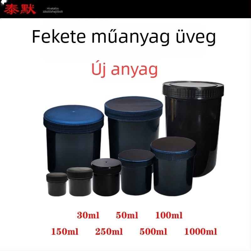 PP műanyag porüveg széles nyílású, csavaros kupakkal, öntapadós címkékkel