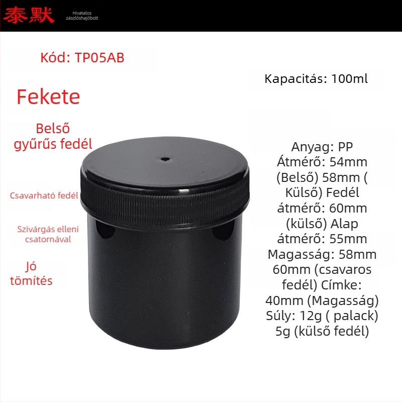 PP műanyag porüveg széles nyílású, csavaros kupakkal, öntapadós címkékkel