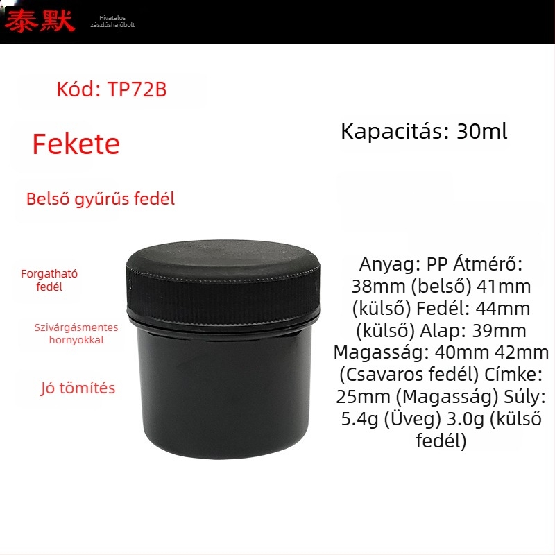 PP műanyag porüveg széles nyílású, csavaros kupakkal, öntapadós címkékkel