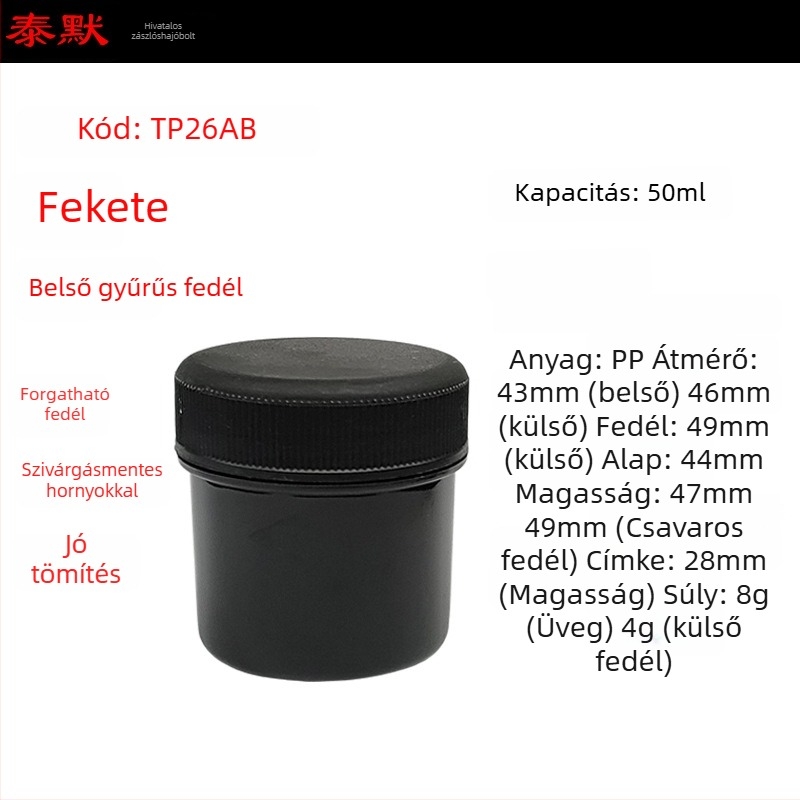 PP műanyag porüveg széles nyílású, csavaros kupakkal, öntapadós címkékkel