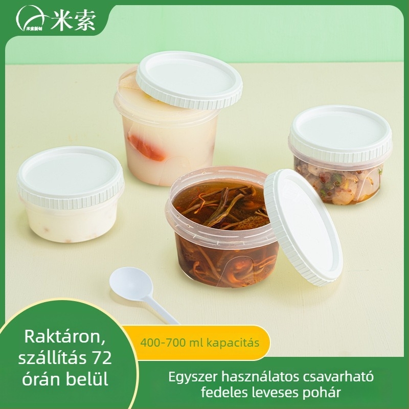 Miniso egyszer használatos leveses pohár csavaros fedővel, kör alakú PP pohár leveshez, 401–500 ml, mikrózható, logóval testreszabható