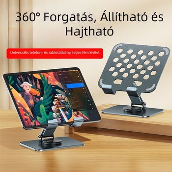 Teljesen fém tablet tartó, állítható magasságú, összecsukható, 360° forgás, iPad-kel kompatibilis