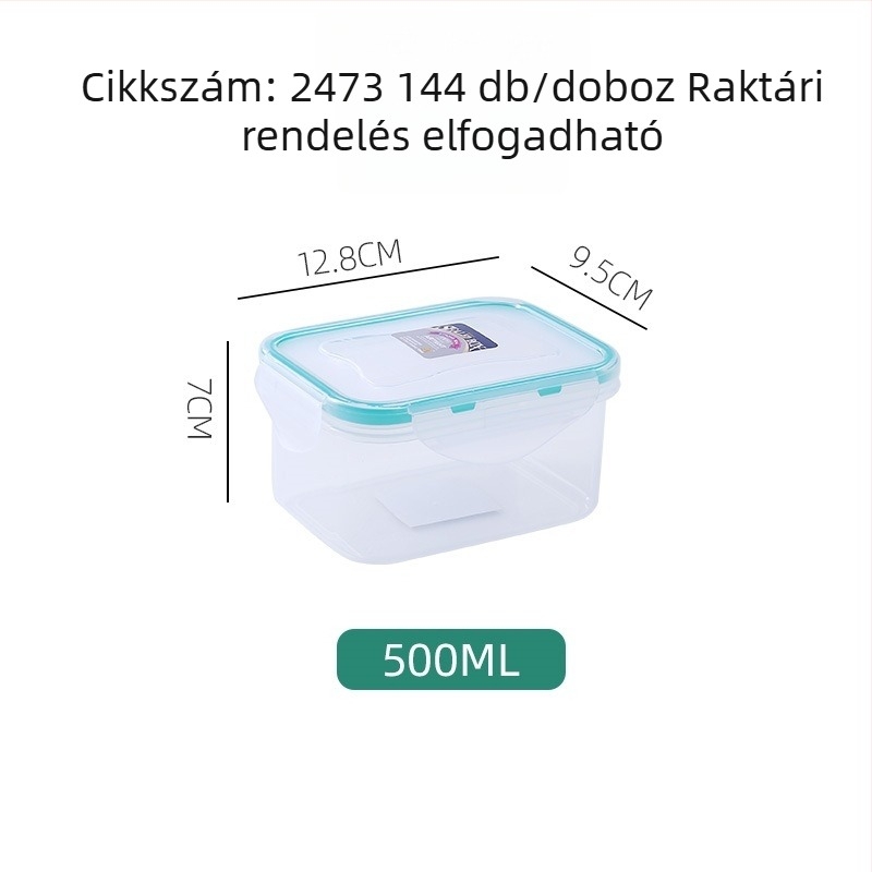 Négyszögletes PP ételtároló zárható csattal, átlátszó test, 301-500 ml