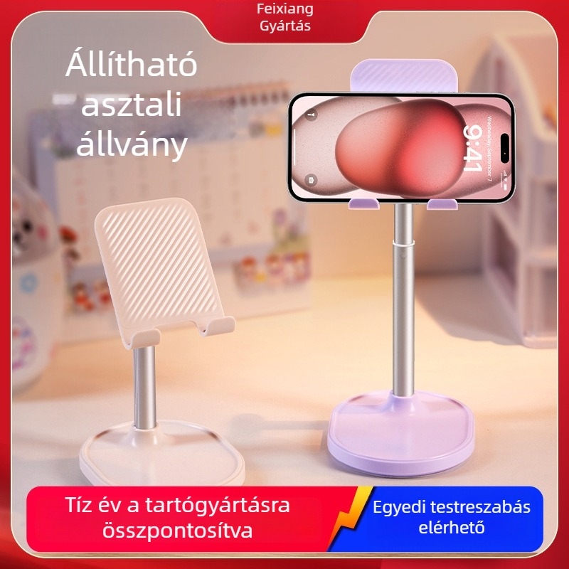 Asztali tartó okostelefonhoz behúzható karral és vastagított alappal, anyag: fém, ABS és szilikon gél, testreszabható.