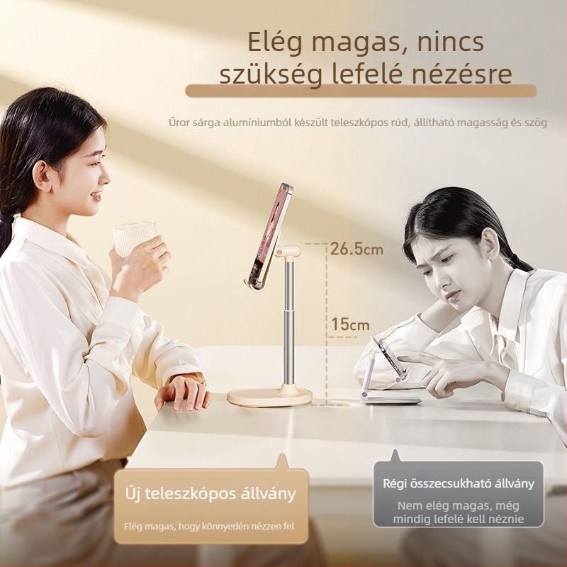 Asztali tartó okostelefonhoz behúzható karral és vastagított alappal, anyag: fém, ABS és szilikon gél, testreszabható.