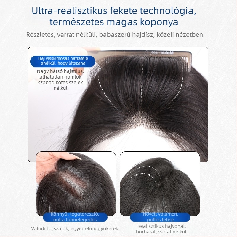 Valódi emberi hajból készült paróka-darab, kézzel szőtt, előhajvonal nélküli, egyenes