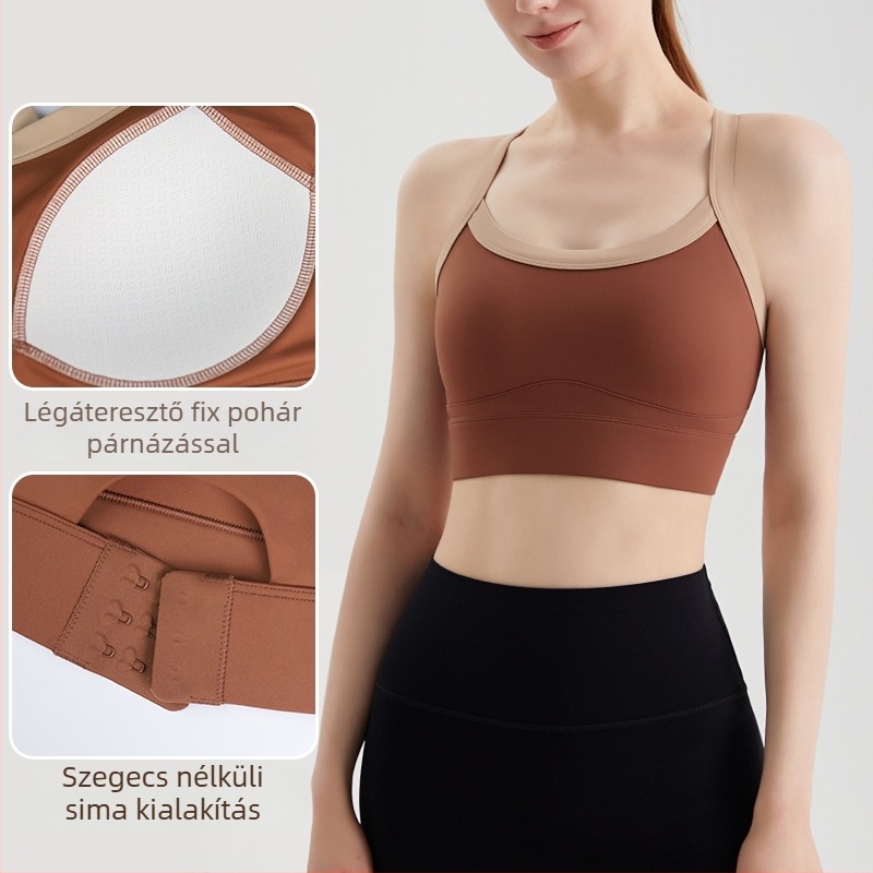 Női sportmelltartó formázott kosarakkal, egyrészes kialakítás, rögzített dupla vállpántok, anyaga: 75% nylon, vegyi rostok keveréke
