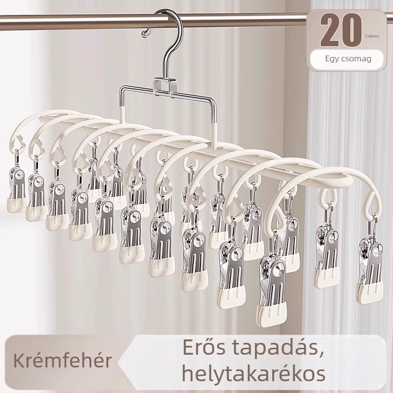 Több csíptetővel rendelkező ruhaszárító akasztó rozsdamentes acélból, modern letisztult dizájn; alkalmas ruhákhoz, nadrágokhoz és nyakkendőkhöz; engedélyezett magánmárka