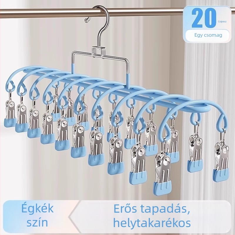 Több csíptetővel rendelkező ruhaszárító akasztó rozsdamentes acélból, modern letisztult dizájn; alkalmas ruhákhoz, nadrágokhoz és nyakkendőkhöz; engedélyezett magánmárka
