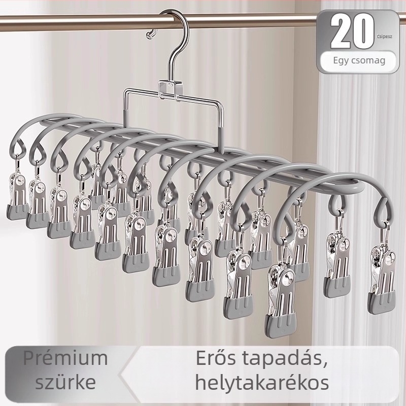 Több csíptetővel rendelkező ruhaszárító akasztó rozsdamentes acélból, modern letisztult dizájn; alkalmas ruhákhoz, nadrágokhoz és nyakkendőkhöz; engedélyezett magánmárka