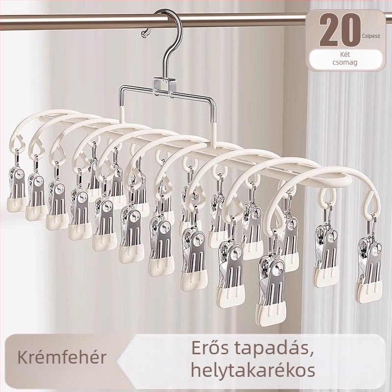 Több csíptetővel rendelkező ruhaszárító akasztó rozsdamentes acélból, modern letisztult dizájn; alkalmas ruhákhoz, nadrágokhoz és nyakkendőkhöz; engedélyezett magánmárka