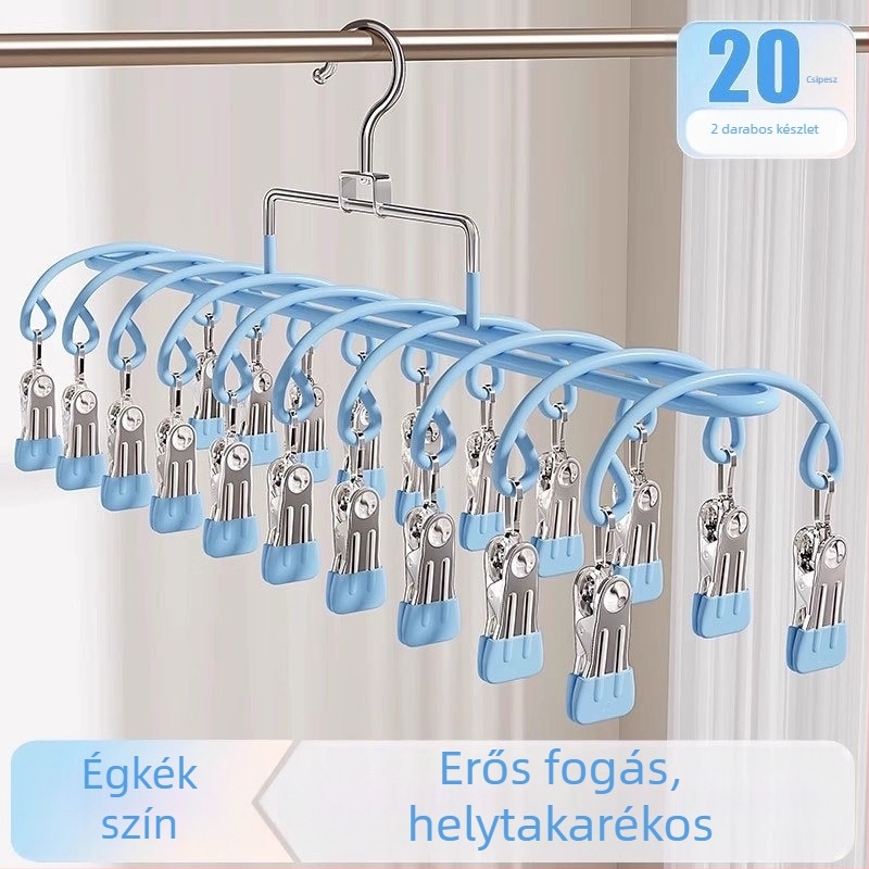 Több csíptetővel rendelkező ruhaszárító akasztó rozsdamentes acélból, modern letisztult dizájn; alkalmas ruhákhoz, nadrágokhoz és nyakkendőkhöz; engedélyezett magánmárka