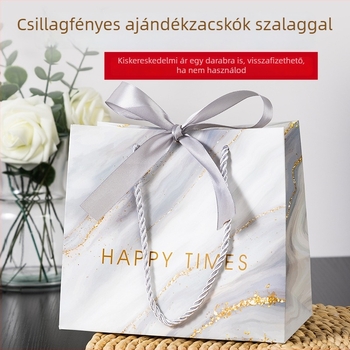 Fehér kartonból készült márványmintás ajándéktáska, világos luxus stílus, ofszetnyomtatás, nyomtatott logó, testreszabható