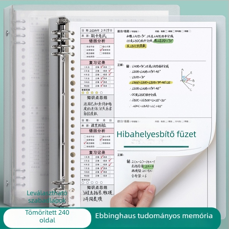 Matematika hibák kijavítására szolgáló jegyzet, oldható lapokkal, PVC borító, Dowling papír, 70 g/m2, 120 oldal