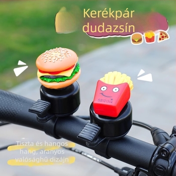 Vasból készült kerékpár csengő burger motívummal és sült krumpli-szendvics dekorációval