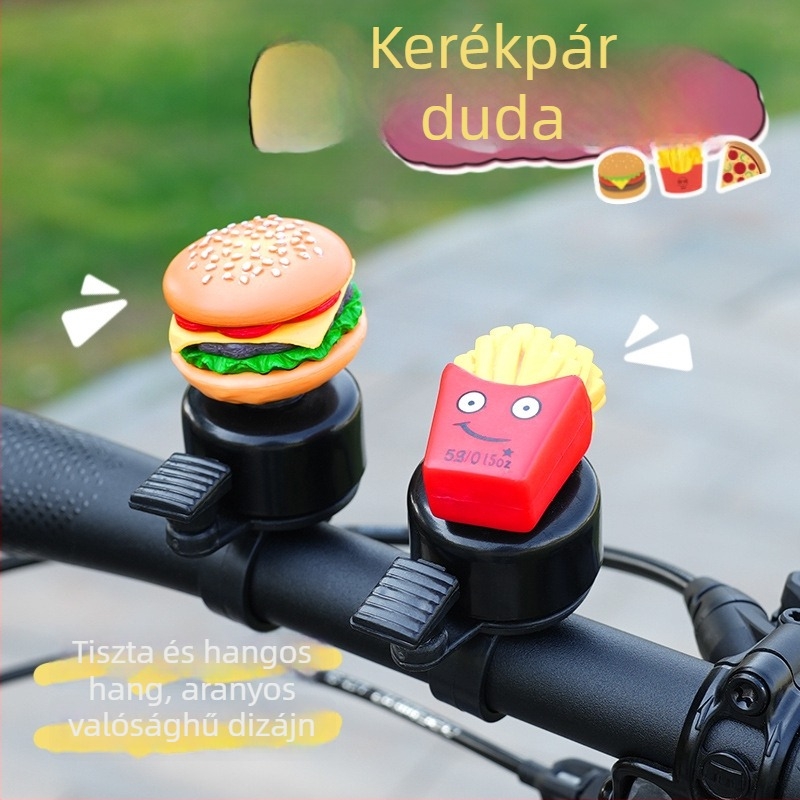 Vasból készült kerékpár csengő burger motívummal és sült krumpli-szendvics dekorációval
