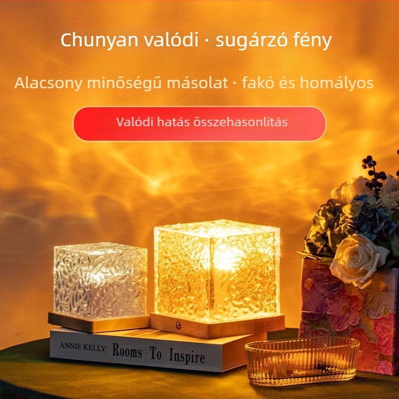 Tömörfa éjszakai lámpa víz-hullám motívumos, távirányítóval és alkalmazásvezérléssel, akkumulátoros asztali lámpa