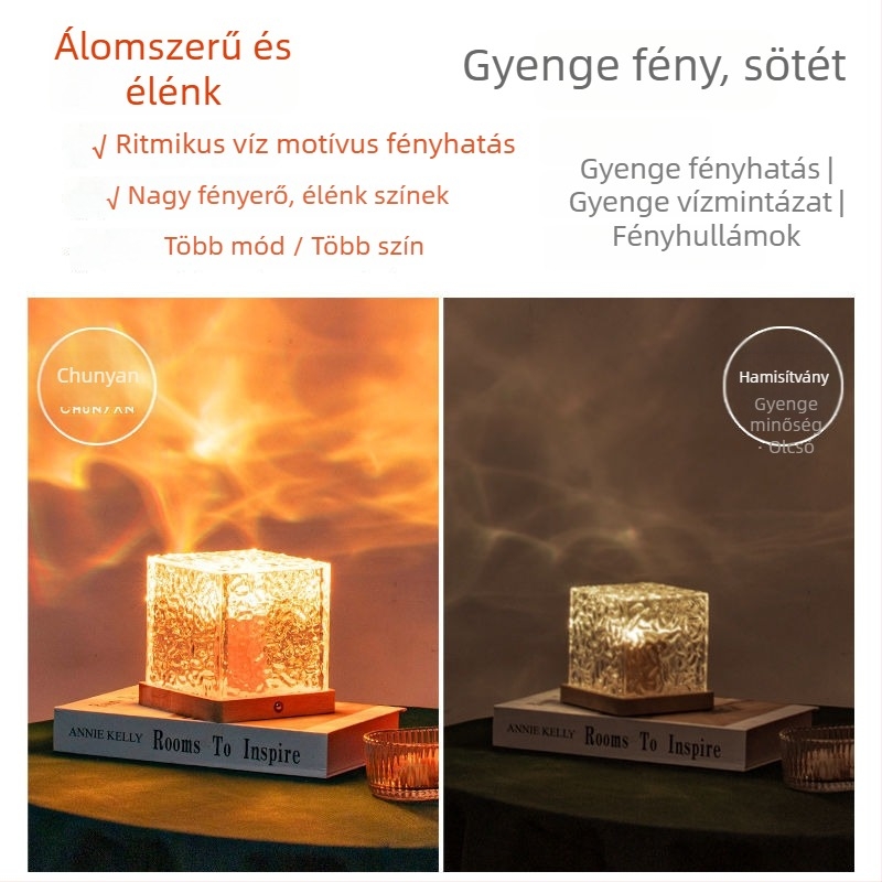 Tömörfa éjszakai lámpa víz-hullám motívumos, távirányítóval és alkalmazásvezérléssel, akkumulátoros asztali lámpa