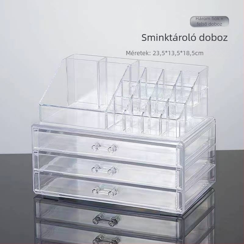 Asztali kozmetikai szervező, átlátszó fiókos kivitelben, többszintes rúzs-tároló