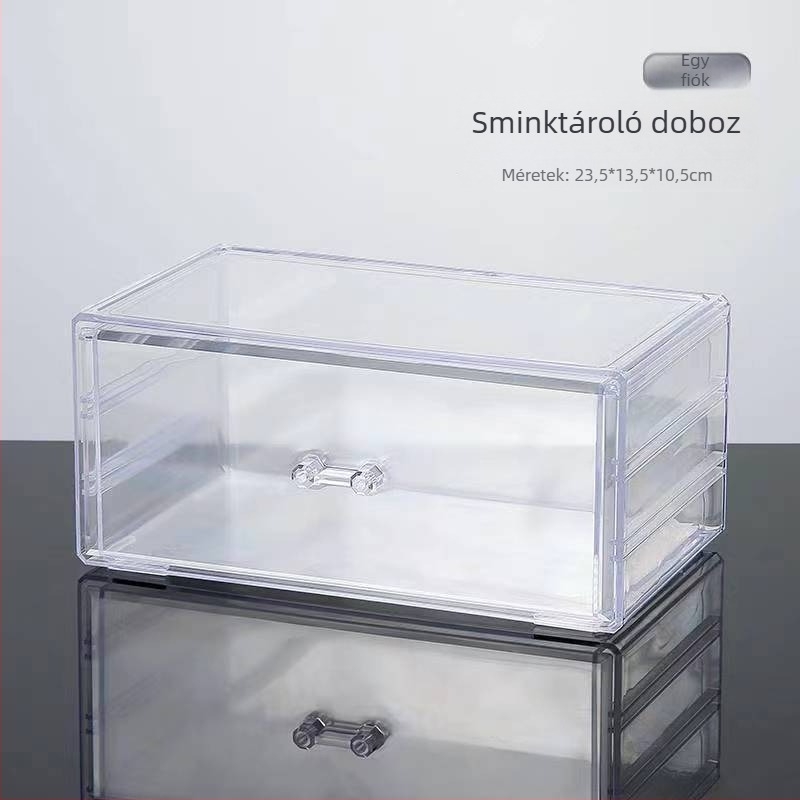 Asztali kozmetikai szervező, átlátszó fiókos kivitelben, többszintes rúzs-tároló
