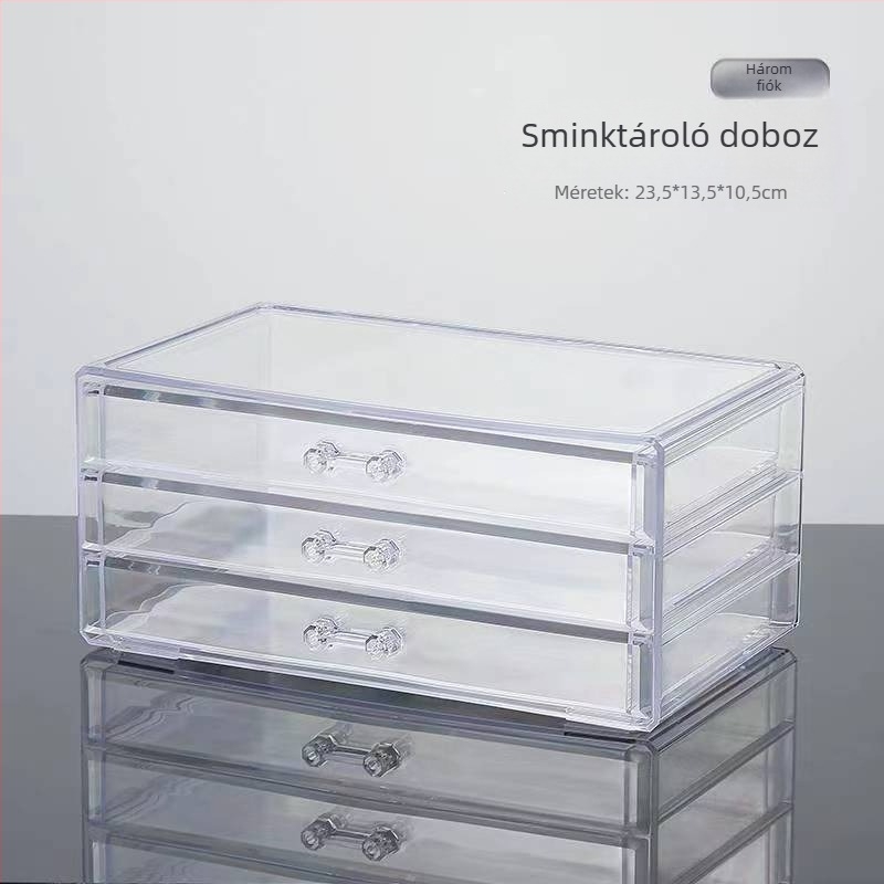 Asztali kozmetikai szervező, átlátszó fiókos kivitelben, többszintes rúzs-tároló