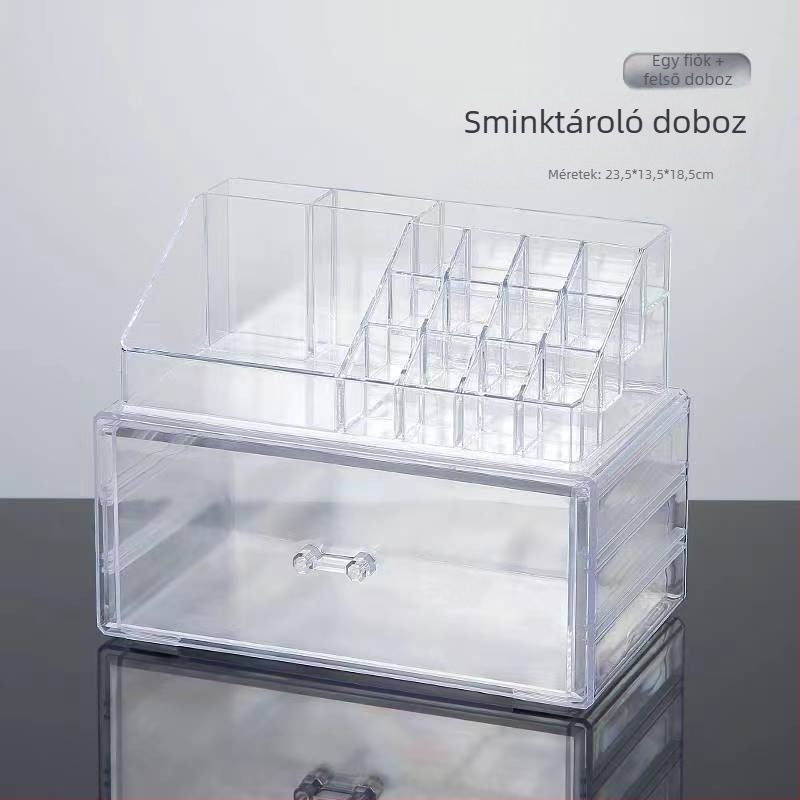 Asztali kozmetikai szervező, átlátszó fiókos kivitelben, többszintes rúzs-tároló