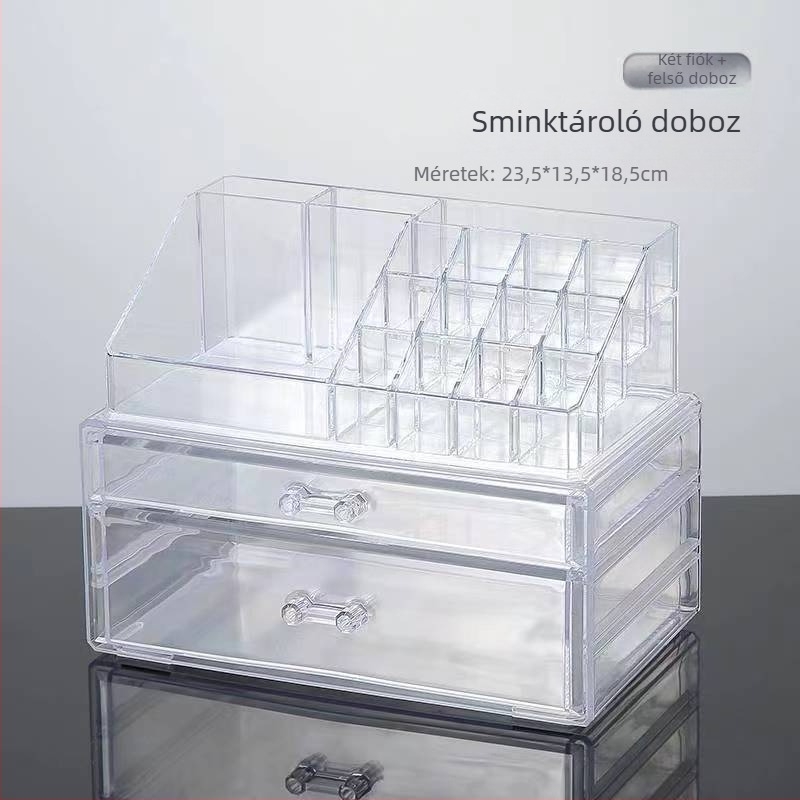 Asztali kozmetikai szervező, átlátszó fiókos kivitelben, többszintes rúzs-tároló