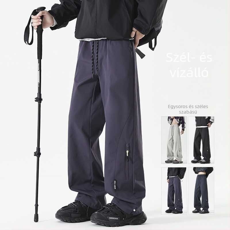 Férfi téli fleece-es munkanadrág, középmagas derékkal, kötőzárás, lazán bővülő széles szabás