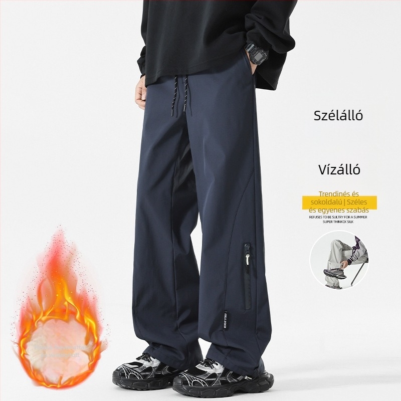 Férfi téli fleece-es munkanadrág, középmagas derékkal, kötőzárás, lazán bővülő széles szabás