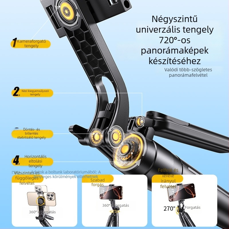 Új modell selfie bot tripod, univerzális anti‑remegés stabilizáció, 360°-os forgás, hordozható telefon-tartó