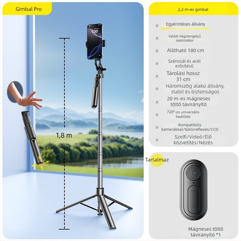 Új modell selfie bot tripod, univerzális anti‑remegés stabilizáció, 360°-os forgás, hordozható telefon-tartó