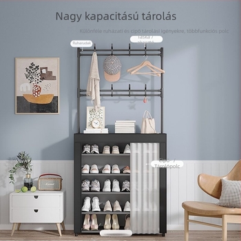 Beltéri bejárathoz cipő- és sapkafogadó állvány, padlón álló, több rétegű, porvédett, ajtóval