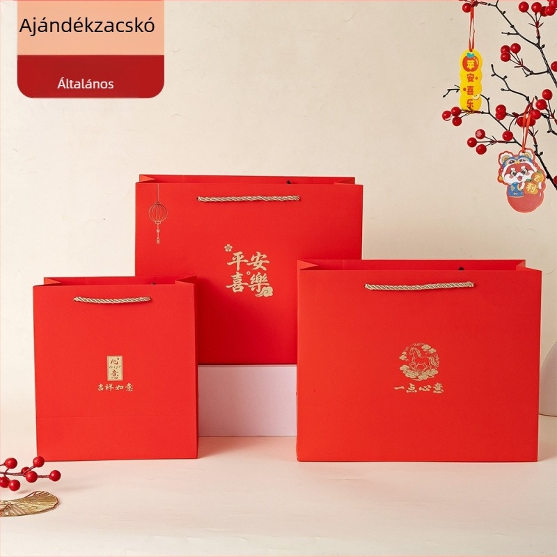 Újévi ajándéktáska arany hőnyomással, kínai stílusú csomagolás fehér kartonból, logónyomással, standard méretben raktáron