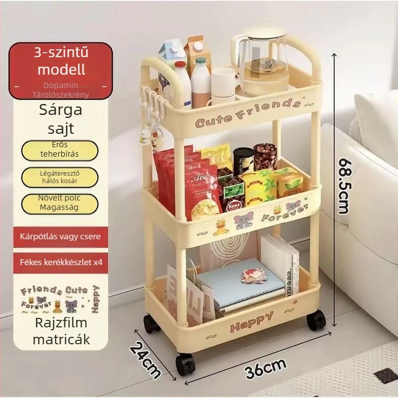 Padlón álló tároló polc, 4 rétegű, műanyag, mozgatható, modern minimalista stílus