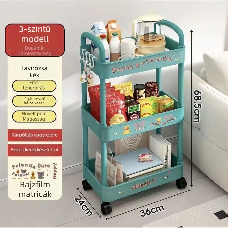 Padlón álló tároló polc, 4 rétegű, műanyag, mozgatható, modern minimalista stílus