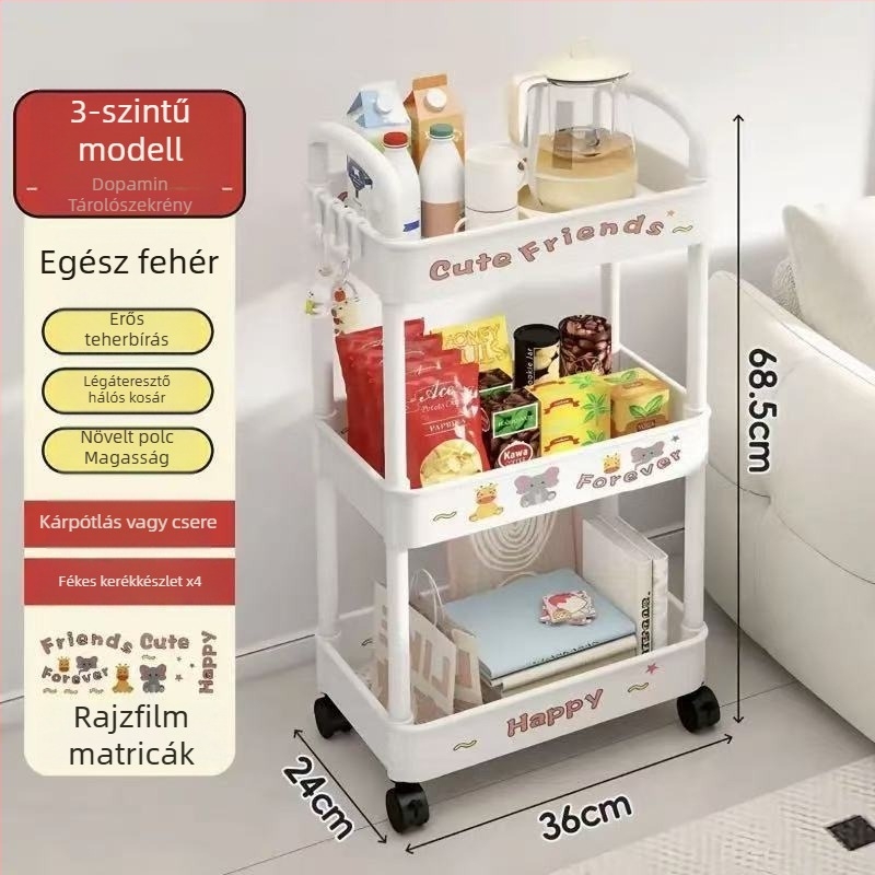 Padlón álló tároló polc, 4 rétegű, műanyag, mozgatható, modern minimalista stílus