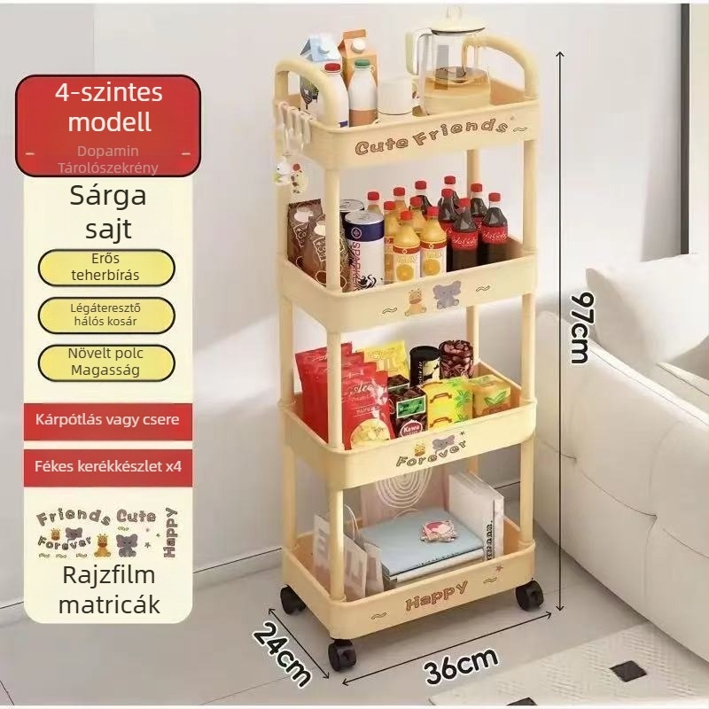 Padlón álló tároló polc, 4 rétegű, műanyag, mozgatható, modern minimalista stílus