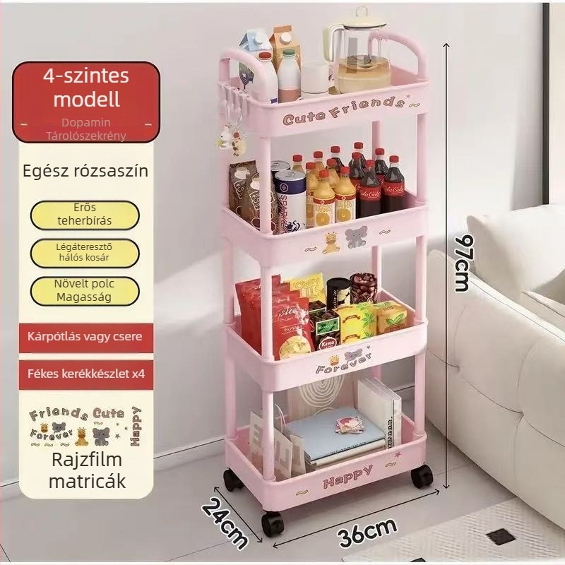 Padlón álló tároló polc, 4 rétegű, műanyag, mozgatható, modern minimalista stílus