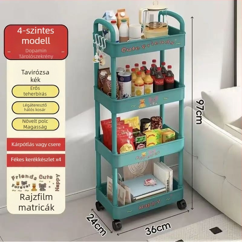 Padlón álló tároló polc, 4 rétegű, műanyag, mozgatható, modern minimalista stílus