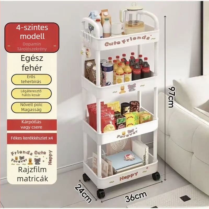 Padlón álló tároló polc, 4 rétegű, műanyag, mozgatható, modern minimalista stílus