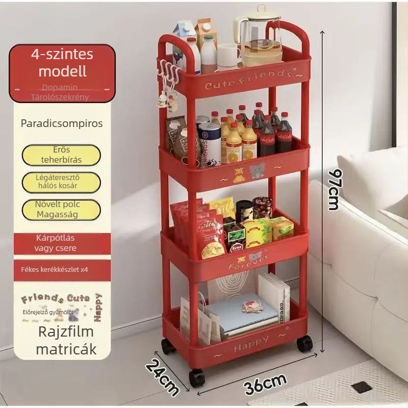 Padlón álló tároló polc, 4 rétegű, műanyag, mozgatható, modern minimalista stílus