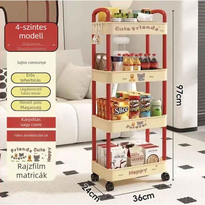 Padlón álló tároló polc, 4 rétegű, műanyag, mozgatható, modern minimalista stílus