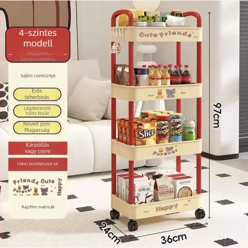 Padlón álló tároló polc, 4 rétegű, műanyag, mozgatható, modern minimalista stílus