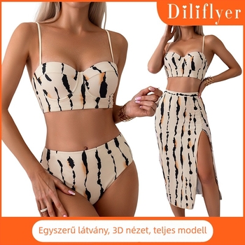 Három darabos női fürdőruha készlet nyomtatott mintával és hosszú ruhával, melltámasz acél támasz, gyorsan száradó poliészter
